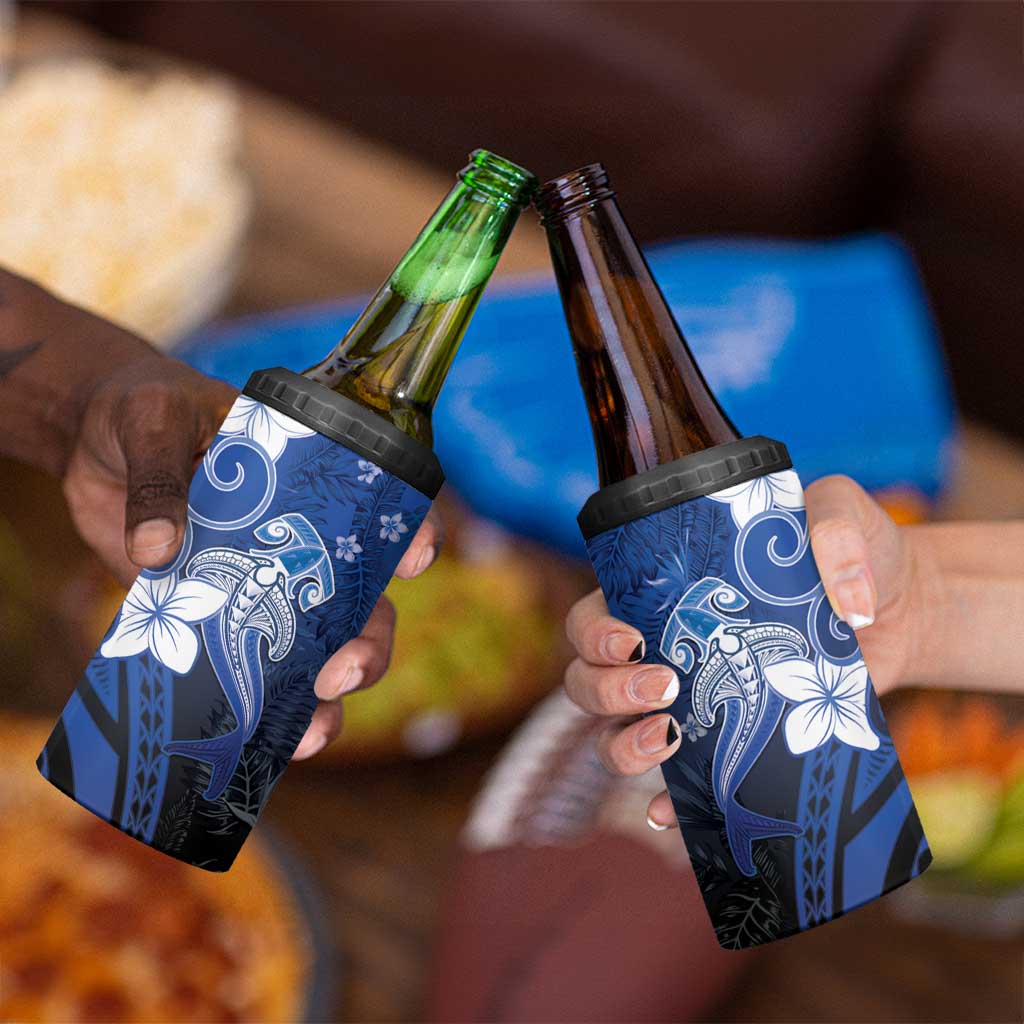 Polynesia Hammerhead Shark 4 in 1 Can Cooler Tumbler Blue Tribal Pattern With Plumeria LT05 - Polynesian Pride