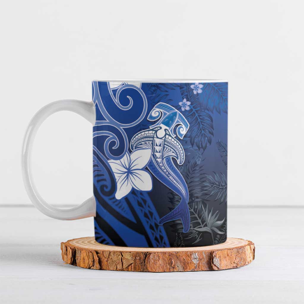 Polynesia Hammerhead Shark Ceramic Mug Blue Tribal Pattern With Plumeria LT05 Blue - Polynesian Pride