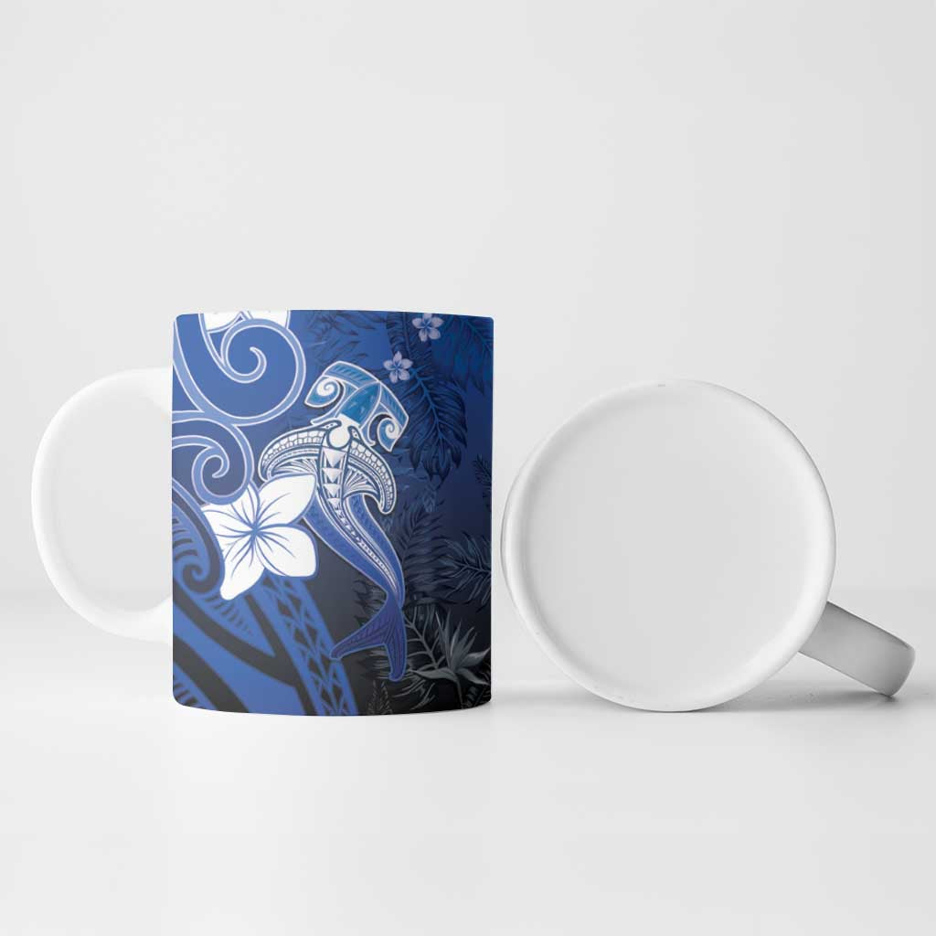 Polynesia Hammerhead Shark Ceramic Mug Blue Tribal Pattern With Plumeria LT05 - Polynesian Pride