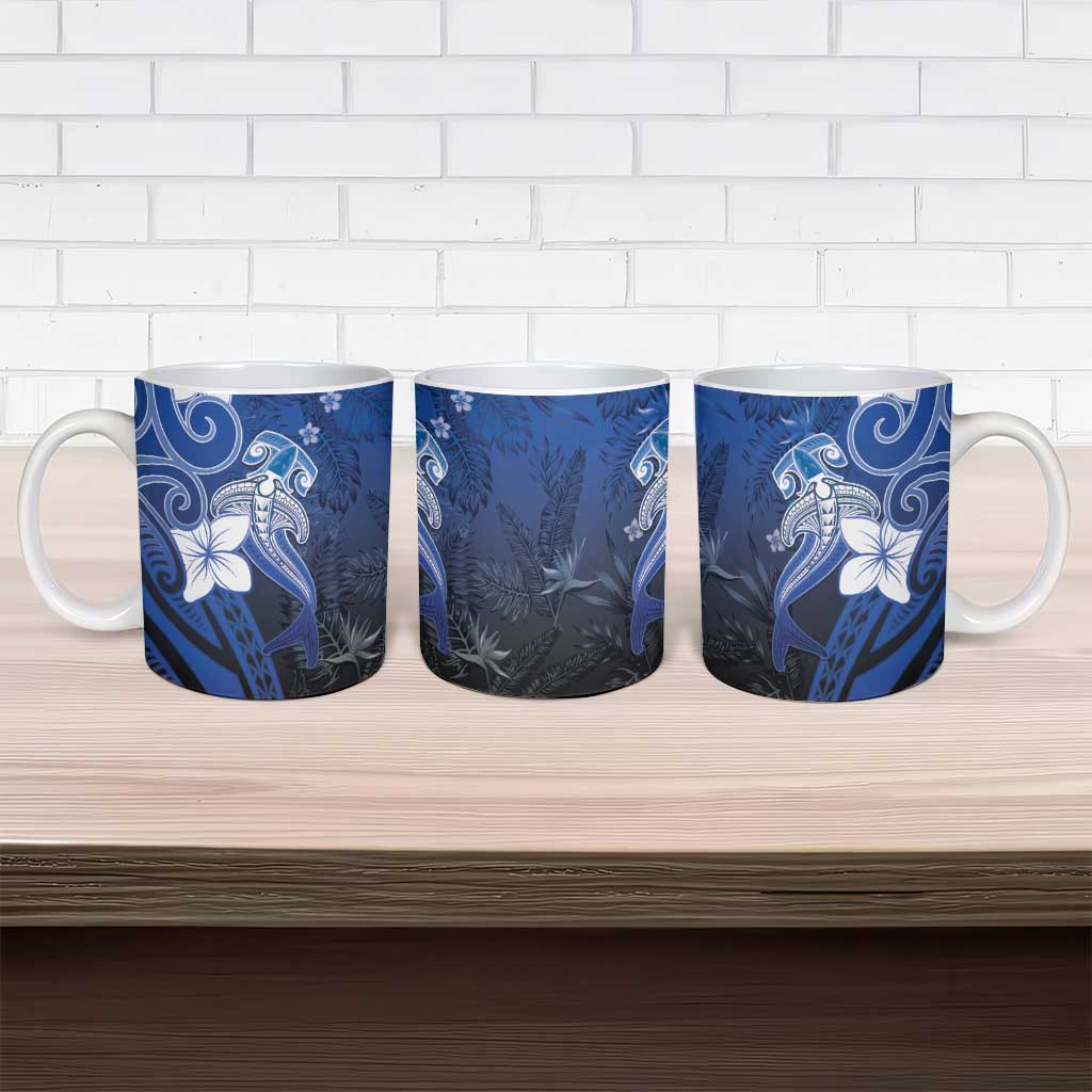 Polynesia Hammerhead Shark Ceramic Mug Blue Tribal Pattern With Plumeria LT05 - Polynesian Pride