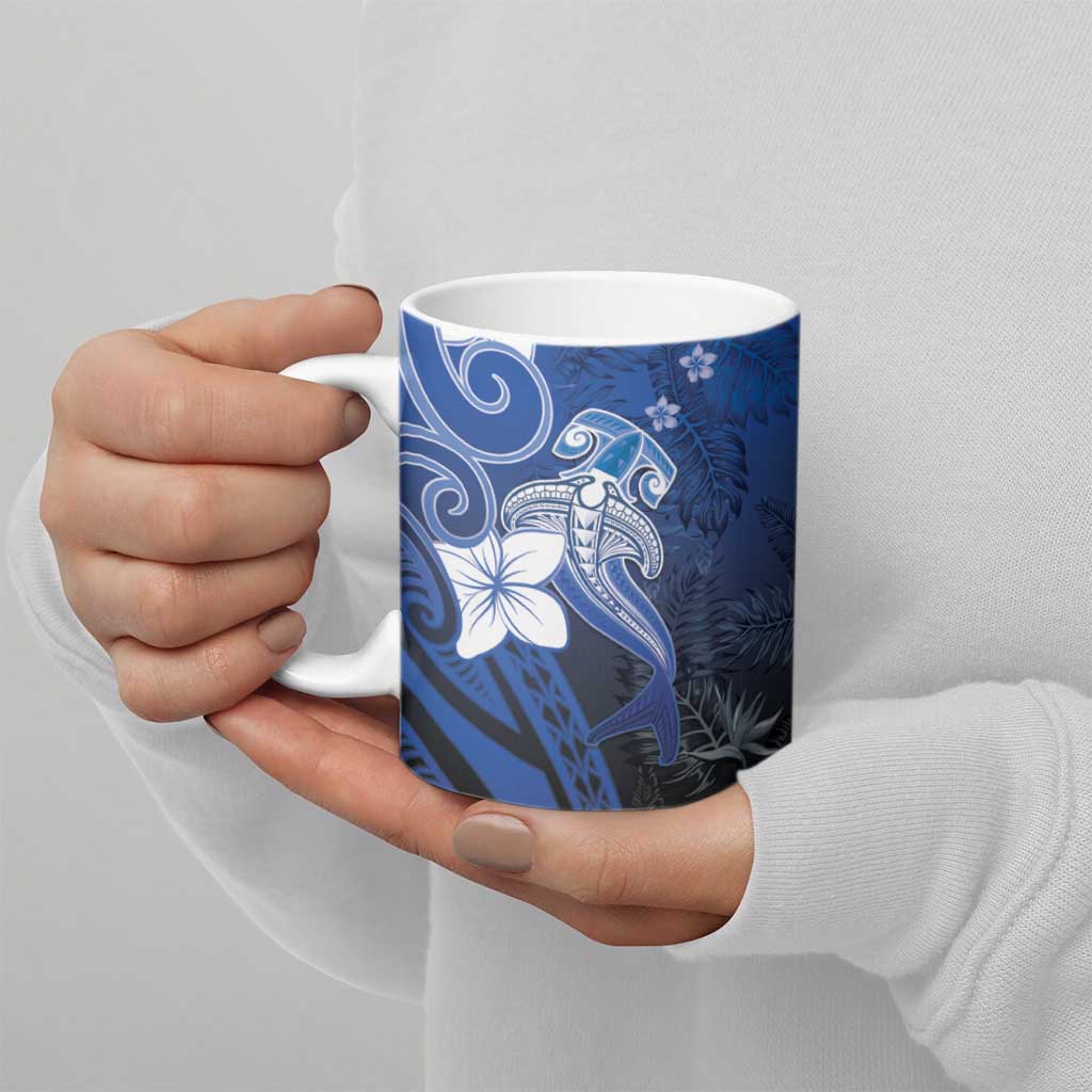Polynesia Hammerhead Shark Ceramic Mug Blue Tribal Pattern With Plumeria LT05 - Polynesian Pride
