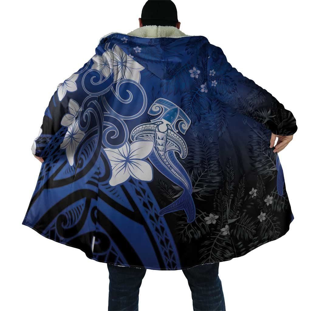 Polynesia Hammerhead Shark Cloak Blue Tribal Pattern With Plumeria - Polynesian Pride