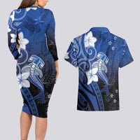 Polynesia Hammerhead Shark Couples Matching Long Sleeve Bodycon Dress and Hawaiian Shirt Blue Tribal Pattern With Plumeria LT05 - Polynesian Pride