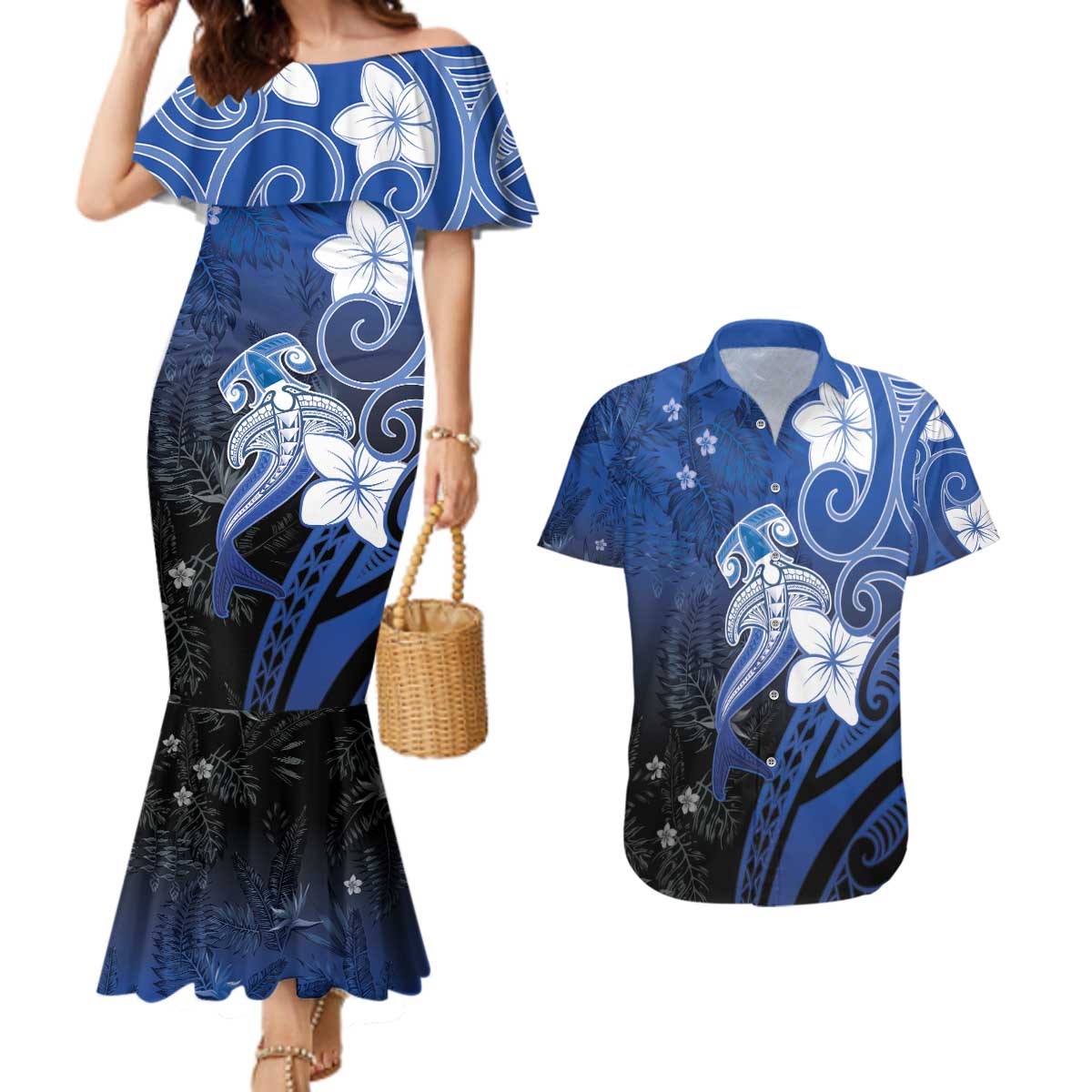 Polynesia Hammerhead Shark Couples Matching Mermaid Dress and Hawaiian Shirt Blue Tribal Pattern With Plumeria - Polynesian Pride