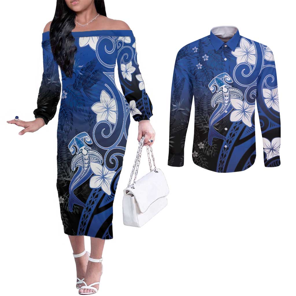 Polynesia Hammerhead Shark Couples Matching Off The Shoulder Long Sleeve Dress and Long Sleeve Button Shirt Blue Tribal Pattern With Plumeria LT05 Blue - Polynesian Pride