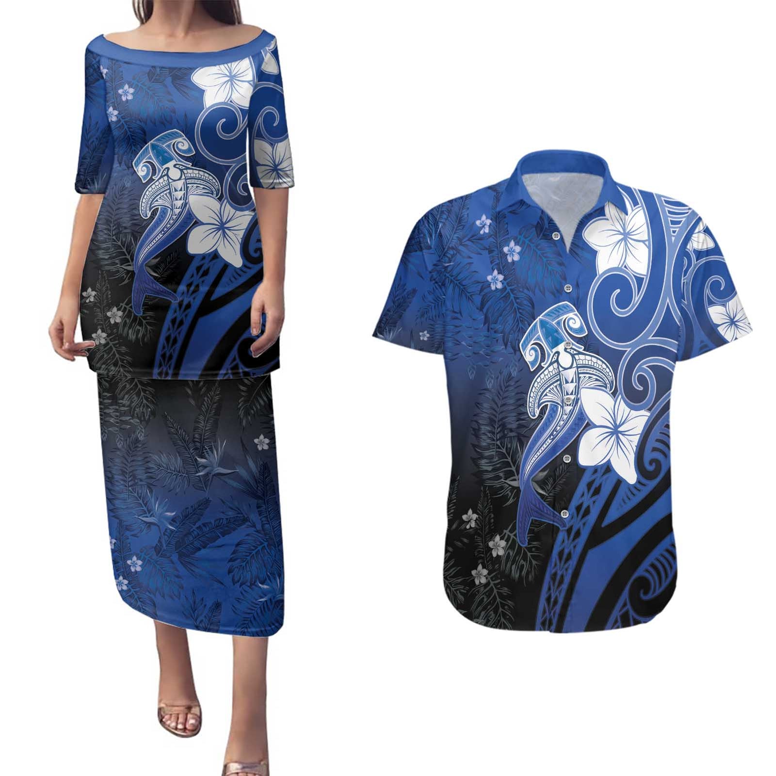 Polynesia Hammerhead Shark Couples Matching Puletasi and Hawaiian Shirt Blue Tribal Pattern With Plumeria LT05 Blue - Polynesian Pride