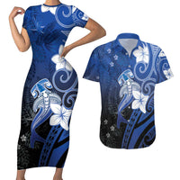 Polynesia Hammerhead Shark Couples Matching Short Sleeve Bodycon Dress and Hawaiian Shirt Blue Tribal Pattern With Plumeria LT05 Blue - Polynesian Pride