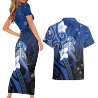 Polynesia Hammerhead Shark Couples Matching Short Sleeve Bodycon Dress and Hawaiian Shirt Blue Tribal Pattern With Plumeria LT05 - Polynesian Pride