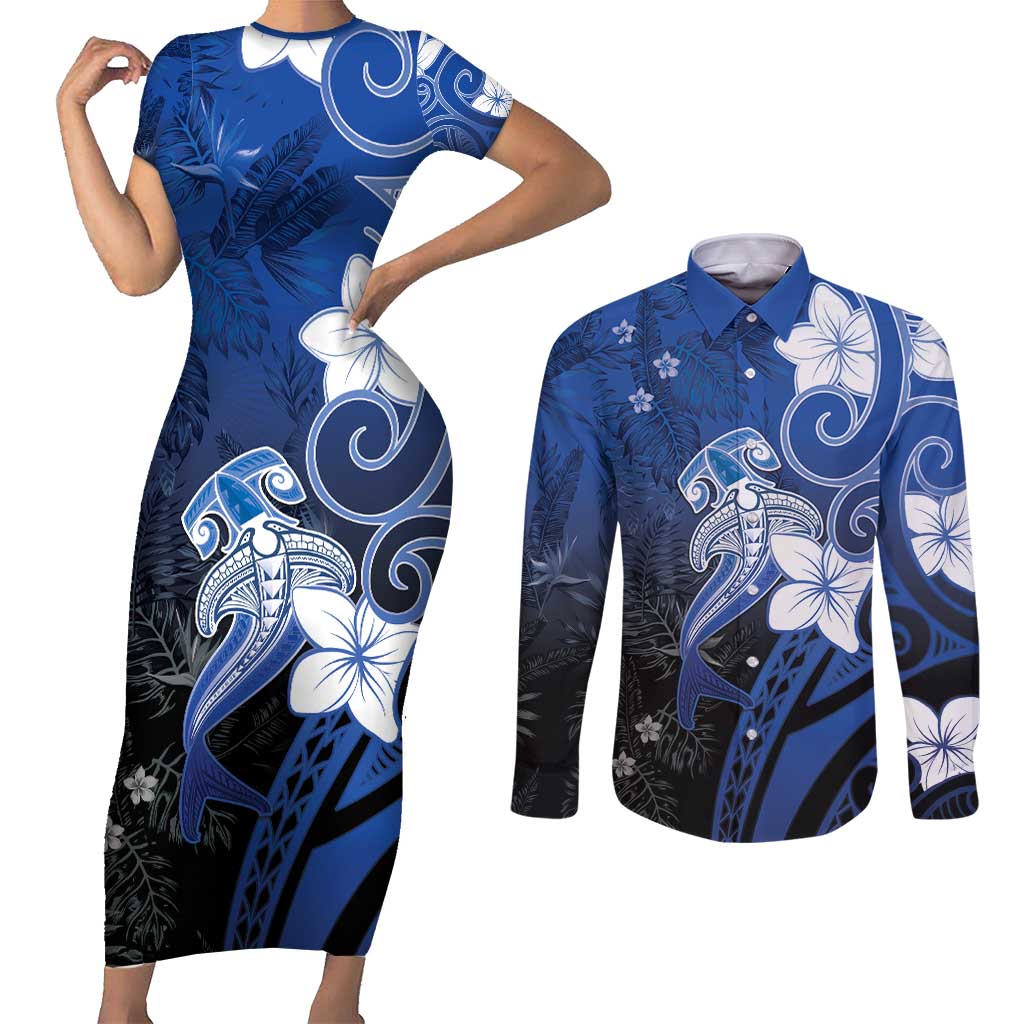 Polynesia Hammerhead Shark Couples Matching Short Sleeve Bodycon Dress and Long Sleeve Button Shirt Blue Tribal Pattern With Plumeria - Polynesian Pride