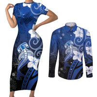 Polynesia Hammerhead Shark Couples Matching Short Sleeve Bodycon Dress and Long Sleeve Button Shirt Blue Tribal Pattern With Plumeria - Polynesian Pride