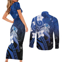 Polynesia Hammerhead Shark Couples Matching Short Sleeve Bodycon Dress and Long Sleeve Button Shirt Blue Tribal Pattern With Plumeria - Polynesian Pride