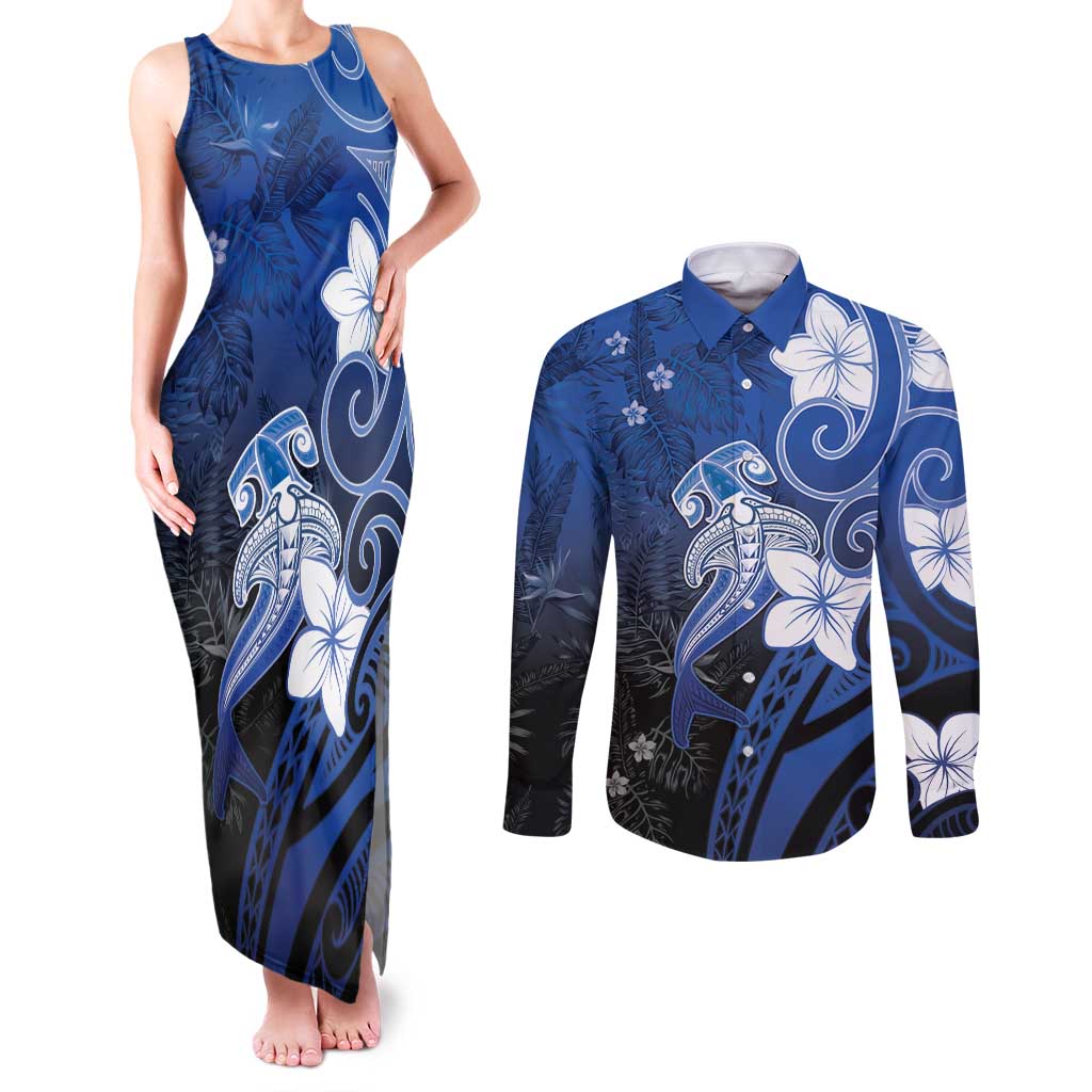 Polynesia Hammerhead Shark Couples Matching Tank Maxi Dress and Long Sleeve Button Shirt Blue Tribal Pattern With Plumeria LT05 Blue - Polynesian Pride