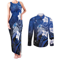 Polynesia Hammerhead Shark Couples Matching Tank Maxi Dress and Long Sleeve Button Shirt Blue Tribal Pattern With Plumeria LT05 Blue - Polynesian Pride