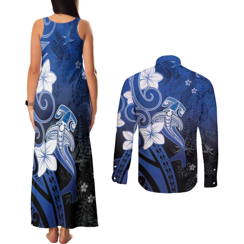 Polynesia Hammerhead Shark Couples Matching Tank Maxi Dress and Long Sleeve Button Shirt Blue Tribal Pattern With Plumeria LT05 - Polynesian Pride