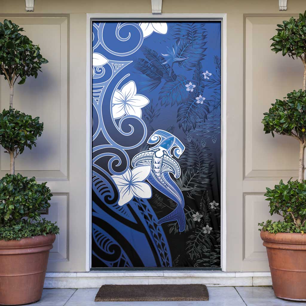 Polynesia Hammerhead Shark Door Cover Blue Tribal Pattern With Plumeria - Polynesian Pride