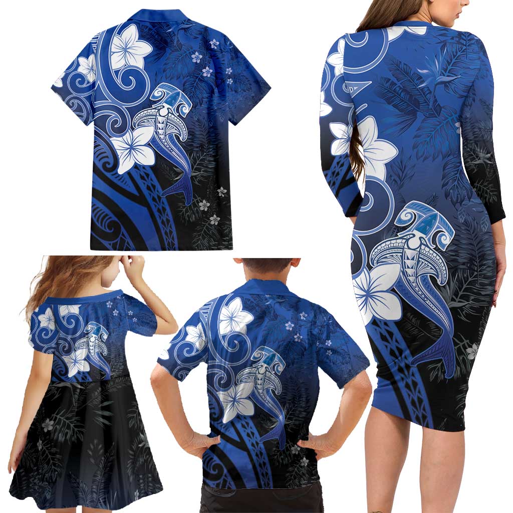 Polynesia Hammerhead Shark Family Matching Long Sleeve Bodycon Dress and Hawaiian Shirt Blue Tribal Pattern With Plumeria LT05 - Polynesian Pride