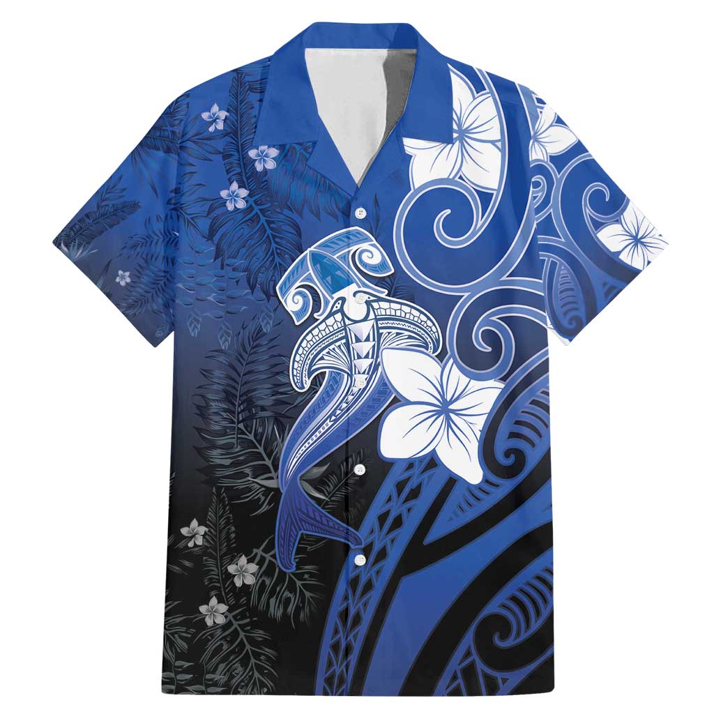 Polynesia Hammerhead Shark Family Matching Mermaid Dress and Hawaiian Shirt Blue Tribal Pattern With Plumeria LT05 Dad's Shirt - Short Sleeve Blue - Polynesian Pride