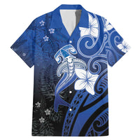 Polynesia Hammerhead Shark Family Matching Mermaid Dress and Hawaiian Shirt Blue Tribal Pattern With Plumeria LT05 Dad's Shirt - Short Sleeve Blue - Polynesian Pride