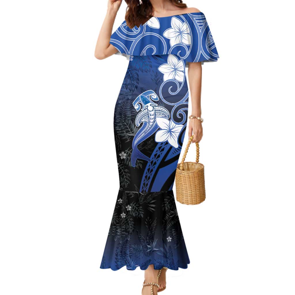 Polynesia Hammerhead Shark Family Matching Mermaid Dress and Hawaiian Shirt Blue Tribal Pattern With Plumeria LT05 Mom's Dress Blue - Polynesian Pride