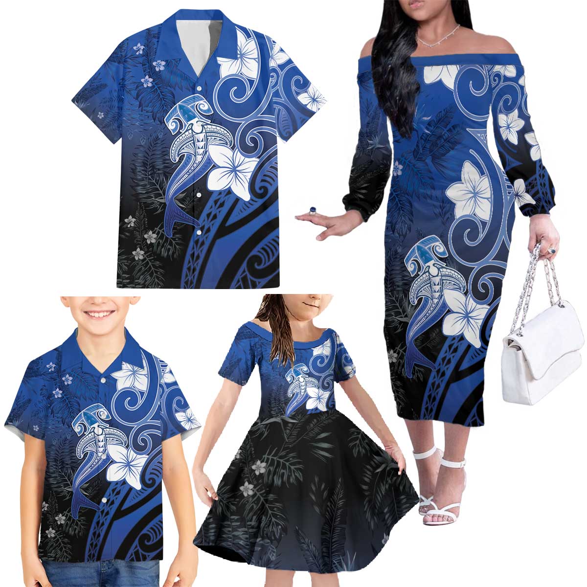 Polynesia Hammerhead Shark Family Matching Off The Shoulder Long Sleeve Dress and Hawaiian Shirt Blue Tribal Pattern With Plumeria LT05 - Polynesian Pride