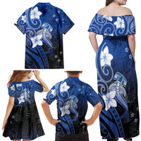 Polynesia Hammerhead Shark Family Matching Off Shoulder Maxi Dress and Hawaiian Shirt Blue Tribal Pattern With Plumeria LT05 - Polynesian Pride