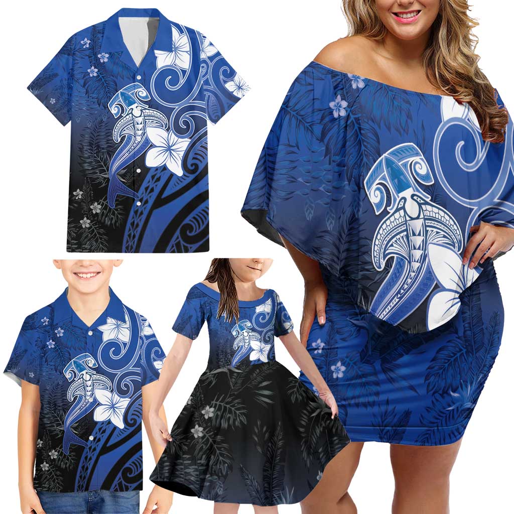 Polynesia Hammerhead Shark Family Matching Off Shoulder Short Dress and Hawaiian Shirt Blue Tribal Pattern With Plumeria LT05 - Polynesian Pride