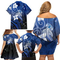 Polynesia Hammerhead Shark Family Matching Off Shoulder Short Dress and Hawaiian Shirt Blue Tribal Pattern With Plumeria LT05 - Polynesian Pride
