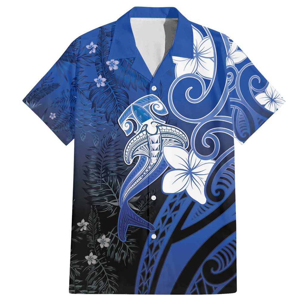 Polynesia Hammerhead Shark Family Matching Off Shoulder Short Dress and Hawaiian Shirt Blue Tribal Pattern With Plumeria LT05 Dad's Shirt - Short Sleeve Blue - Polynesian Pride
