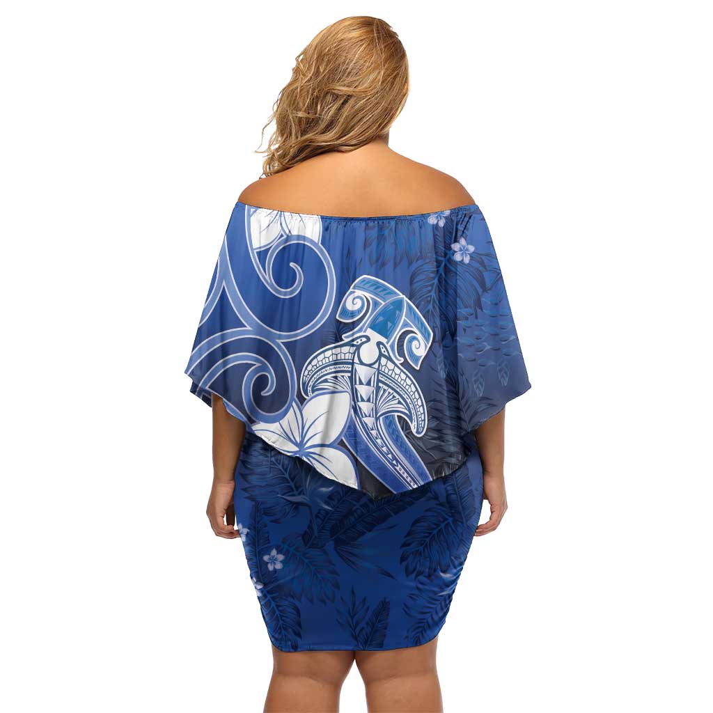 Polynesia Hammerhead Shark Family Matching Off Shoulder Short Dress and Hawaiian Shirt Blue Tribal Pattern With Plumeria LT05 - Polynesian Pride