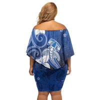 Polynesia Hammerhead Shark Family Matching Off Shoulder Short Dress and Hawaiian Shirt Blue Tribal Pattern With Plumeria LT05 - Polynesian Pride