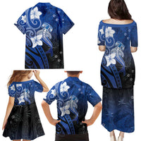 Polynesia Hammerhead Shark Family Matching Puletasi and Hawaiian Shirt Blue Tribal Pattern With Plumeria - Polynesian Pride