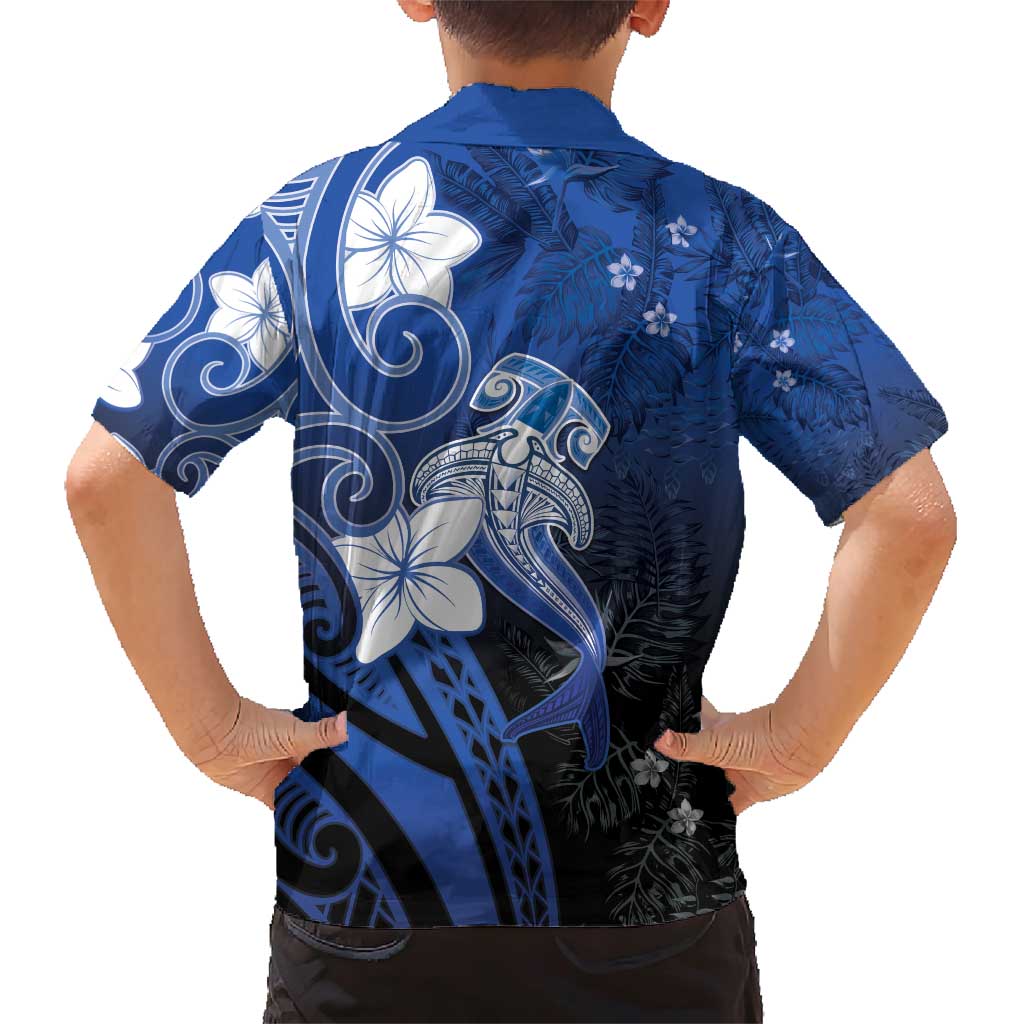Polynesia Hammerhead Shark Family Matching Short Sleeve Bodycon Dress and Hawaiian Shirt Blue Tribal Pattern With Plumeria LT05 - Polynesian Pride