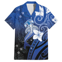Polynesia Hammerhead Shark Family Matching Short Sleeve Bodycon Dress and Hawaiian Shirt Blue Tribal Pattern With Plumeria LT05 Dad's Shirt - Short Sleeve Blue - Polynesian Pride