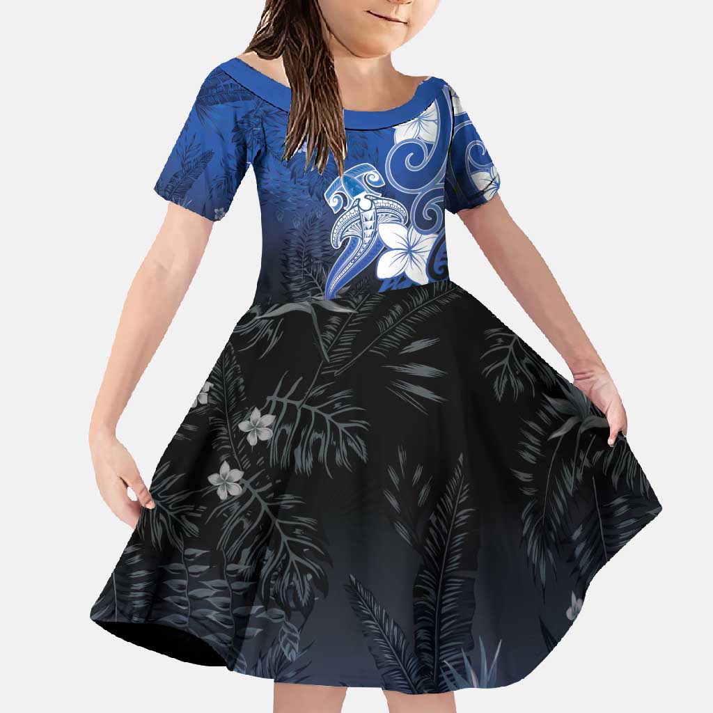 Polynesia Hammerhead Shark Family Matching Summer Maxi Dress and Hawaiian Shirt Blue Tribal Pattern With Plumeria - Polynesian Pride