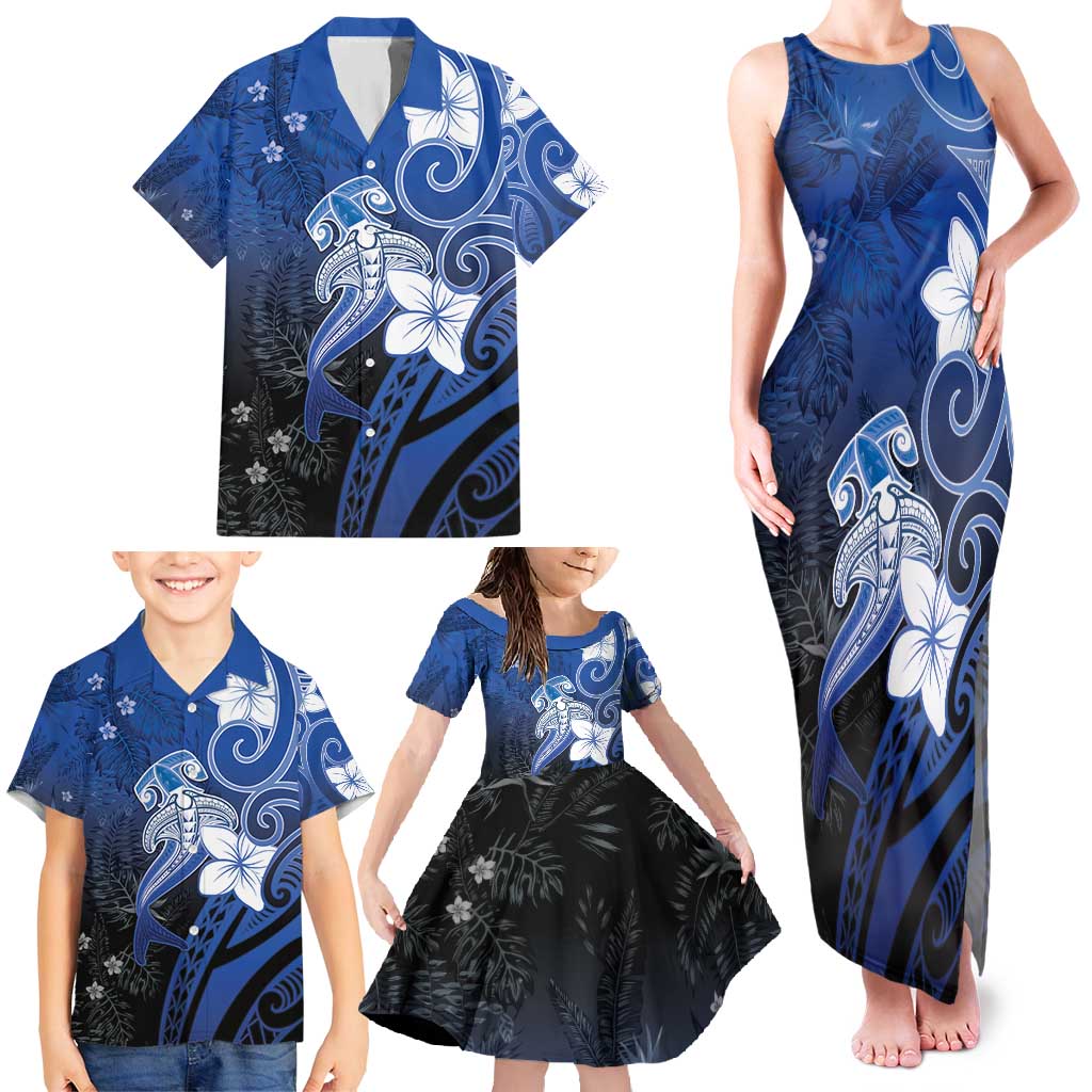 Polynesia Hammerhead Shark Family Matching Tank Maxi Dress and Hawaiian Shirt Blue Tribal Pattern With Plumeria LT05 - Polynesian Pride