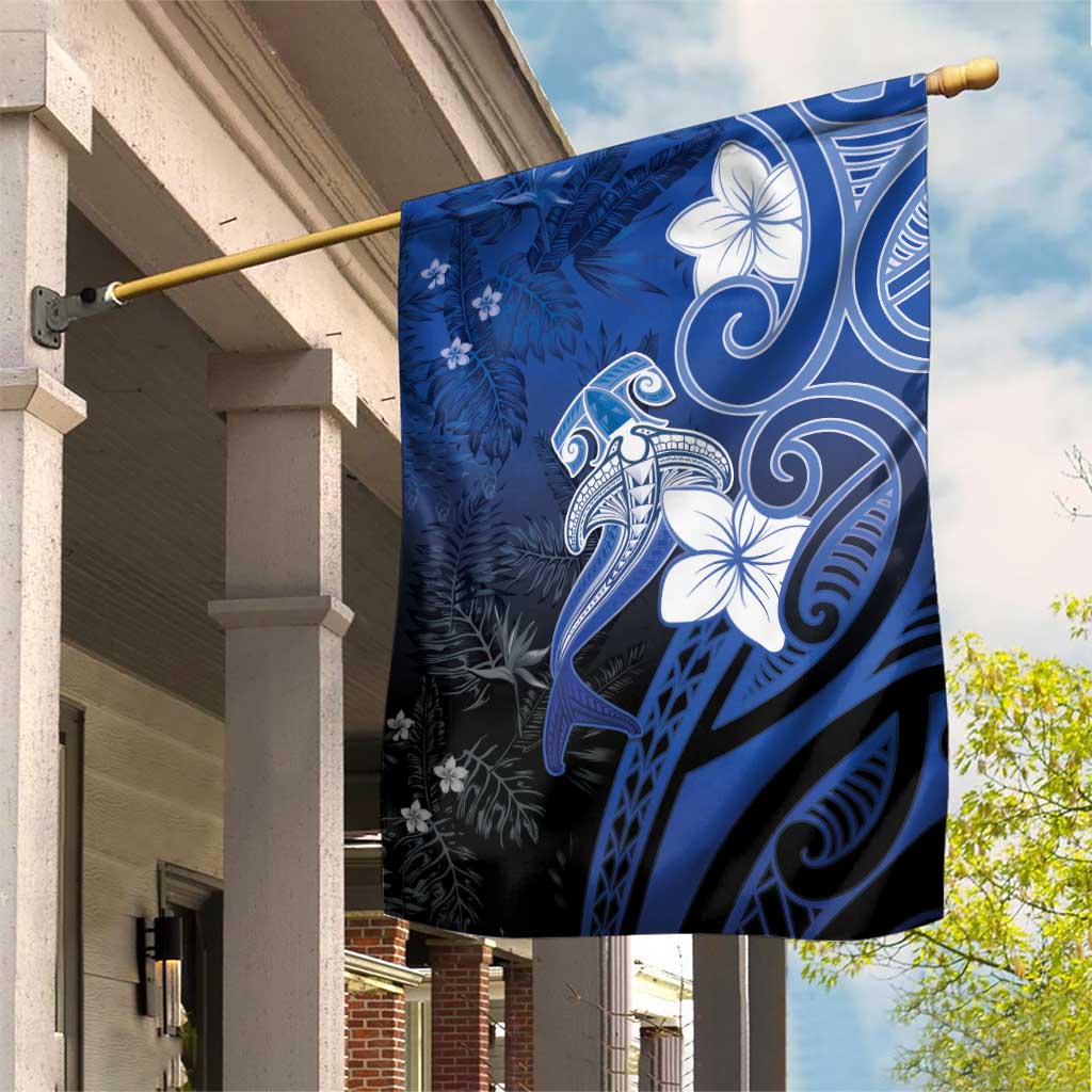 Polynesia Hammerhead Shark Garden Flag Blue Tribal Pattern With Plumeria LT05 House Flag Blue - Polynesian Pride