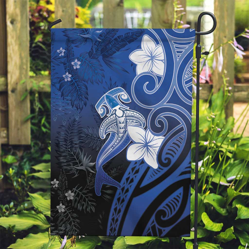 Polynesia Hammerhead Shark Garden Flag Blue Tribal Pattern With Plumeria LT05 Garden Flag Blue - Polynesian Pride