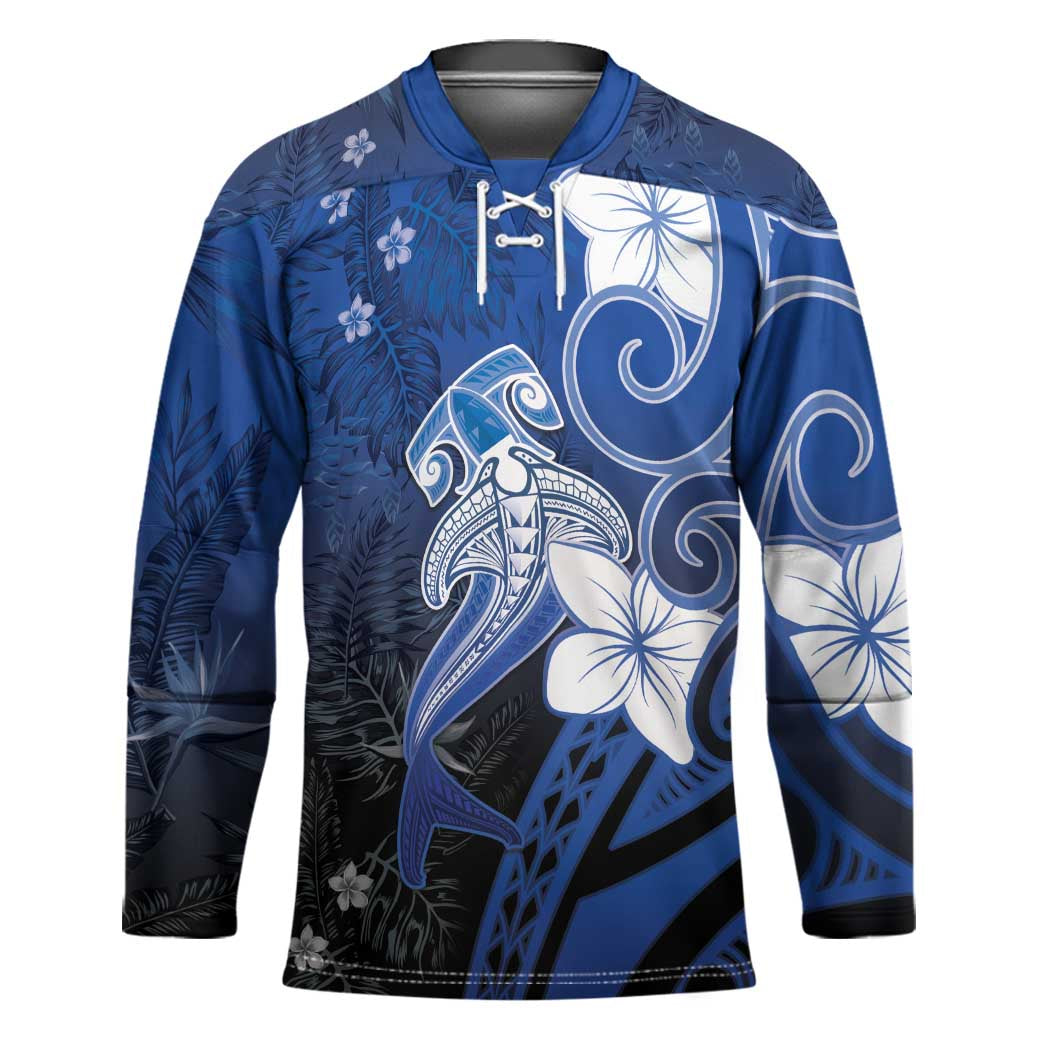 Polynesia Hammerhead Shark Hockey Jersey Blue Tribal Pattern With Plumeria LT05 Unisex Blue - Polynesian Pride