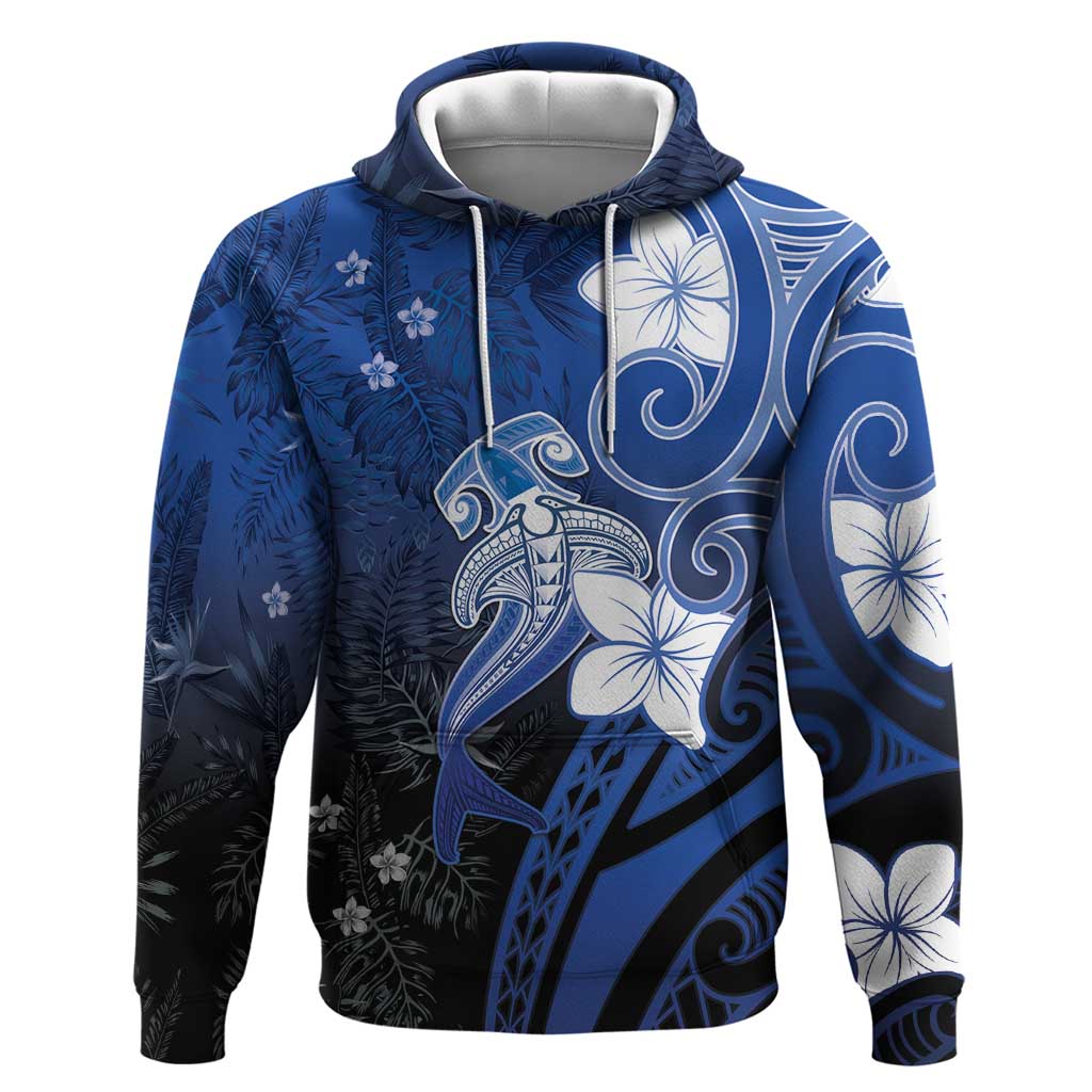 Polynesia Hammerhead Shark Hoodie Blue Tribal Pattern With Plumeria LT05 Pullover Hoodie Blue - Polynesian Pride