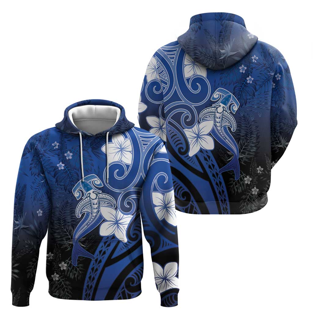 Polynesia Hammerhead Shark Hoodie Blue Tribal Pattern With Plumeria LT05 - Polynesian Pride