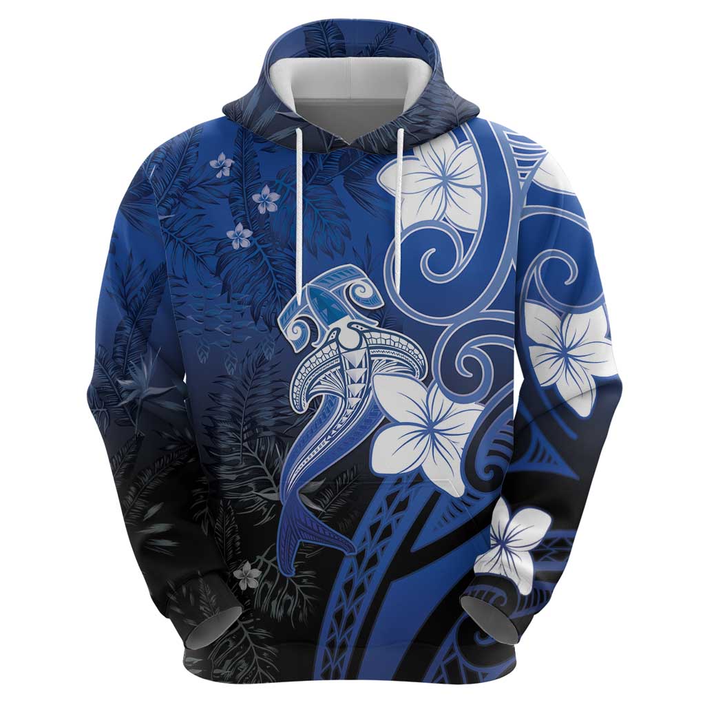 Polynesia Hammerhead Shark Hoodie Blue Tribal Pattern With Plumeria LT05 - Polynesian Pride