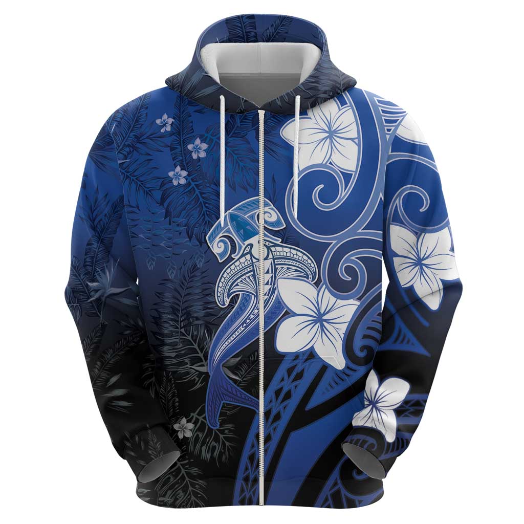 Polynesia Hammerhead Shark Hoodie Blue Tribal Pattern With Plumeria LT05 - Polynesian Pride