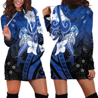 Polynesia Hammerhead Shark Hoodie Dress Blue Tribal Pattern With Plumeria - Polynesian Pride