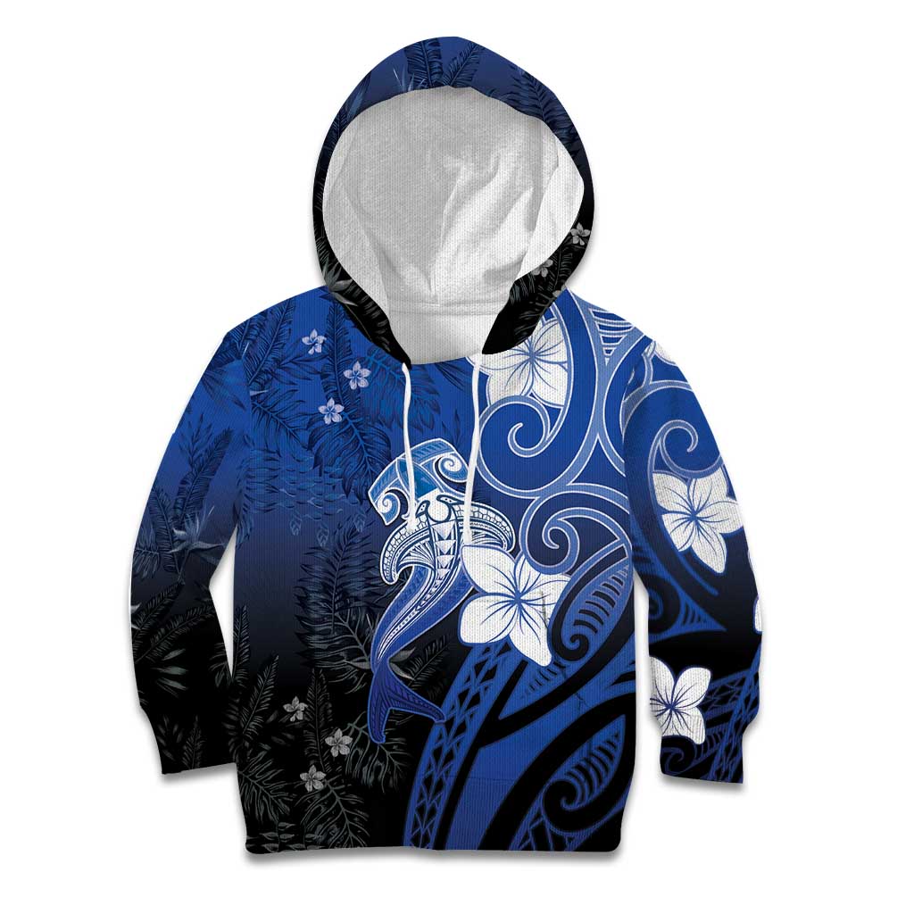 Polynesia Hammerhead Shark Kid Hoodie Blue Tribal Pattern With Plumeria LT05 Hoodie Blue - Polynesian Pride