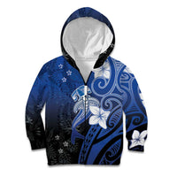 Polynesia Hammerhead Shark Kid Hoodie Blue Tribal Pattern With Plumeria LT05 Zip Hoodie Blue - Polynesian Pride
