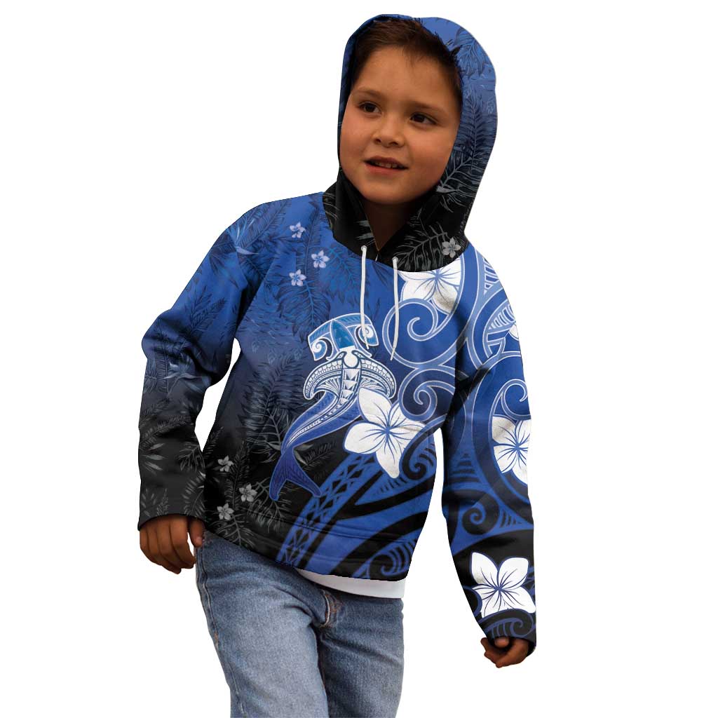 Polynesia Hammerhead Shark Kid Hoodie Blue Tribal Pattern With Plumeria LT05 - Polynesian Pride