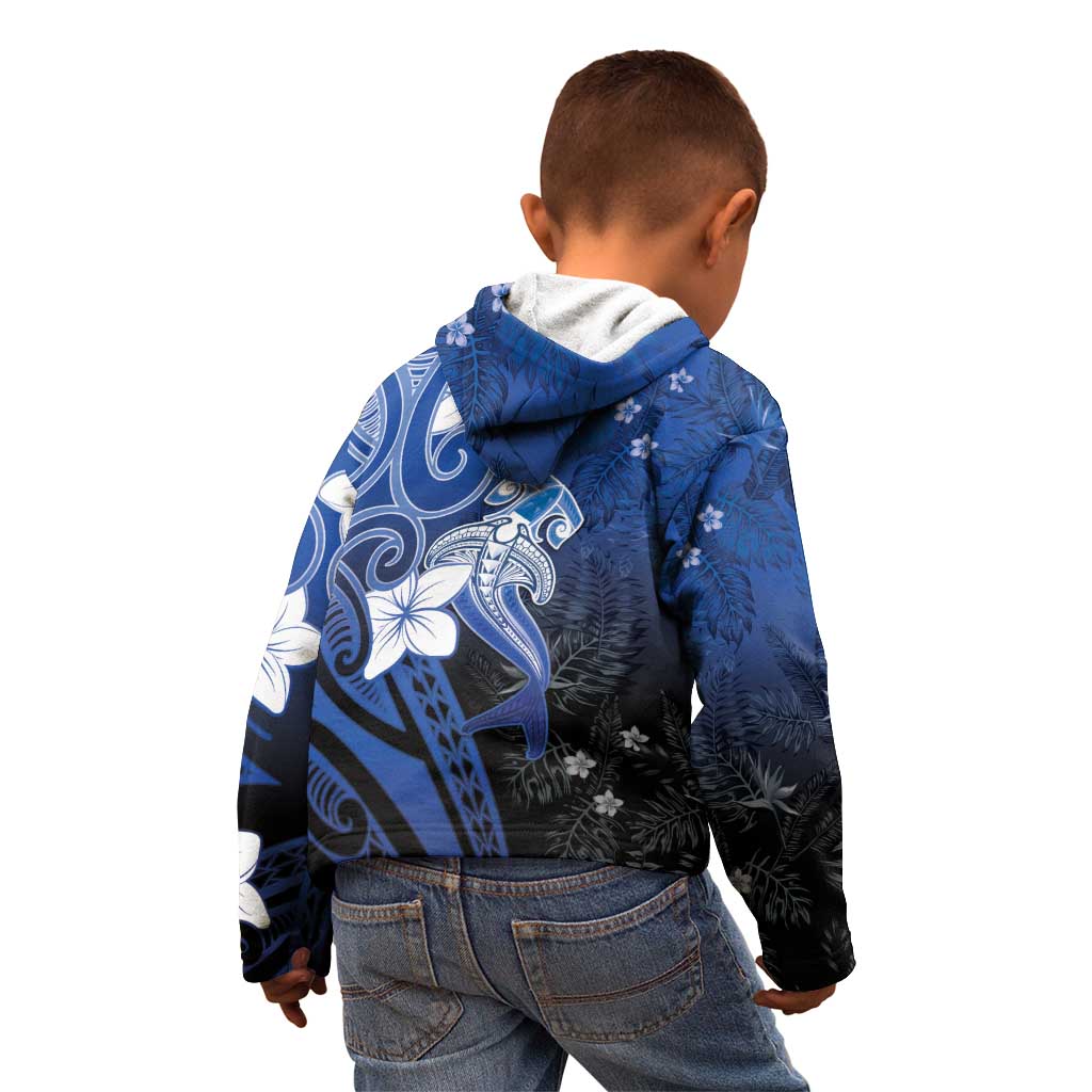 Polynesia Hammerhead Shark Kid Hoodie Blue Tribal Pattern With Plumeria LT05 - Polynesian Pride