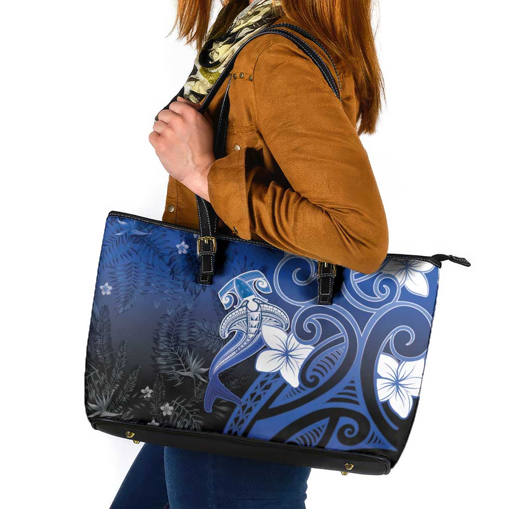 Polynesia Hammerhead Shark Leather Tote Bag Blue Tribal Pattern With Plumeria LT05 Blue - Polynesian Pride