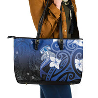 Polynesia Hammerhead Shark Leather Tote Bag Blue Tribal Pattern With Plumeria LT05 - Polynesian Pride