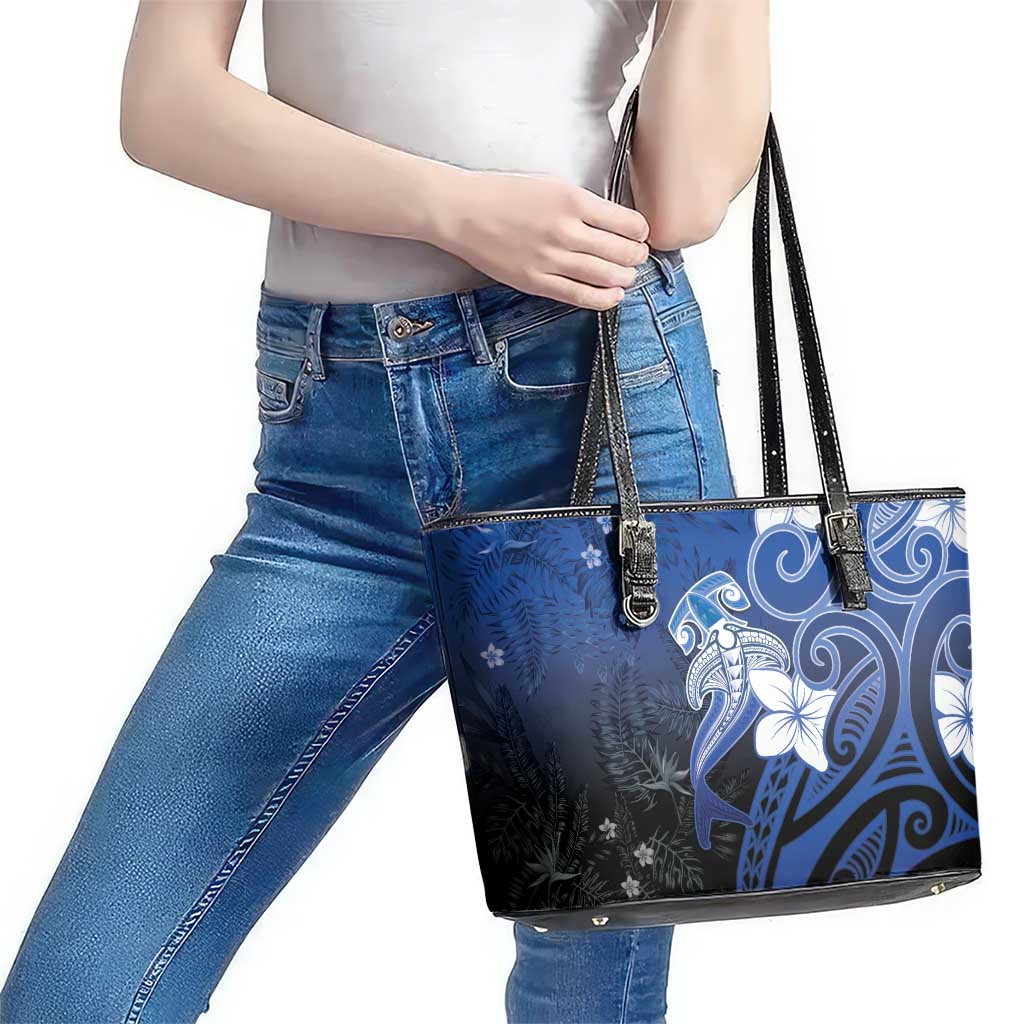 Polynesia Hammerhead Shark Leather Tote Bag Blue Tribal Pattern With Plumeria LT05 - Polynesian Pride